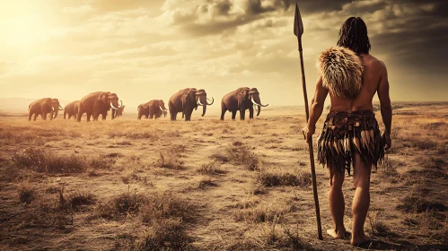 Prehistoric Hunter Observing Mammoth Migration