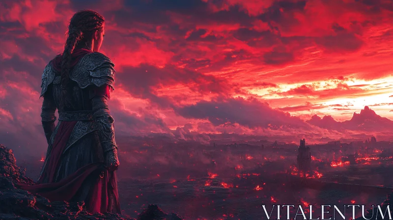 Armored Warrior Overlooking Fiery Landscape