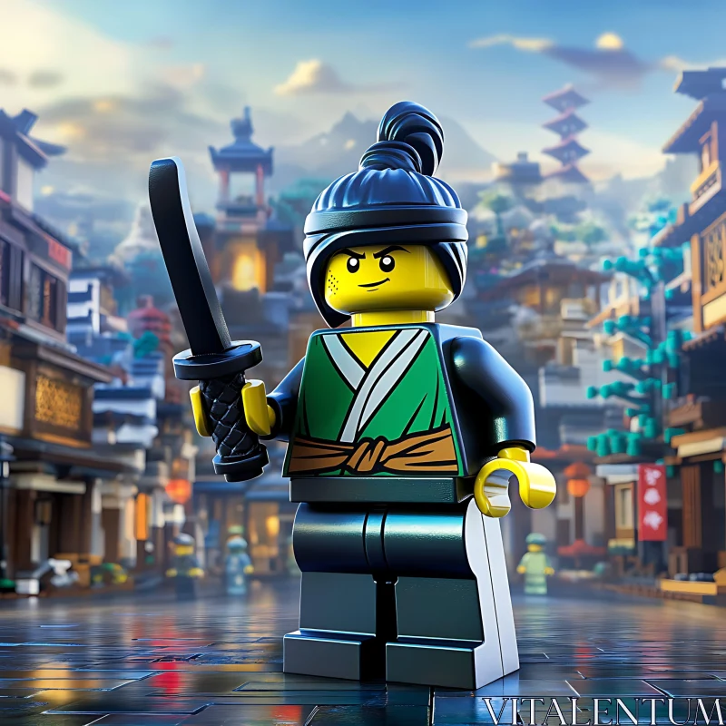 Lego Ninja with Katana in Cityscape