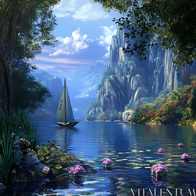 Sailboat on Calm Lake with Mountain Backdrop