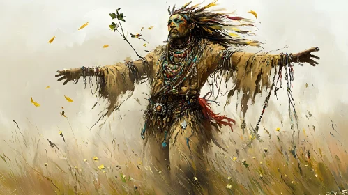 Man in tribal costume in field