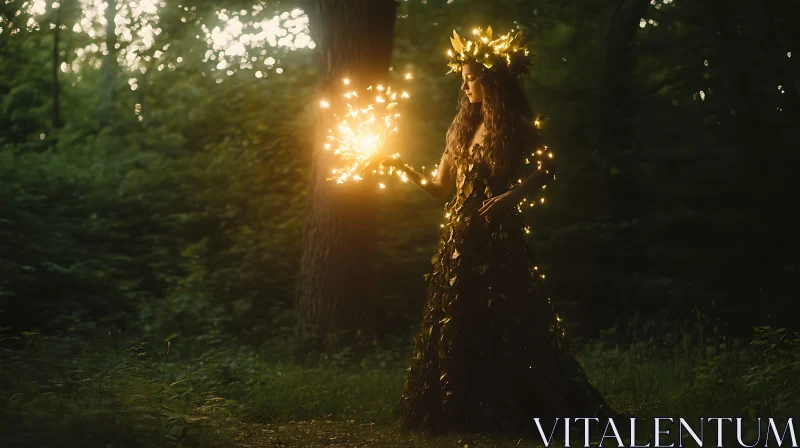 Mystical Forest Woman with Magical Lights