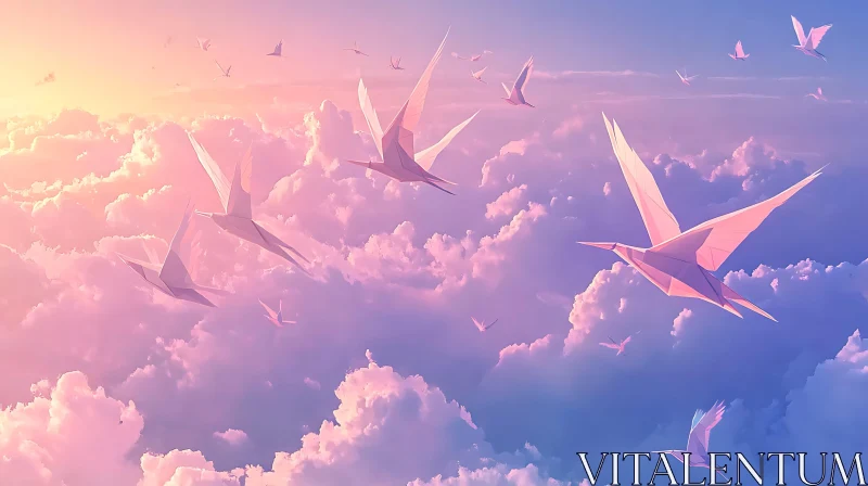 AI ART Geometric Birds Flying in the Clouds