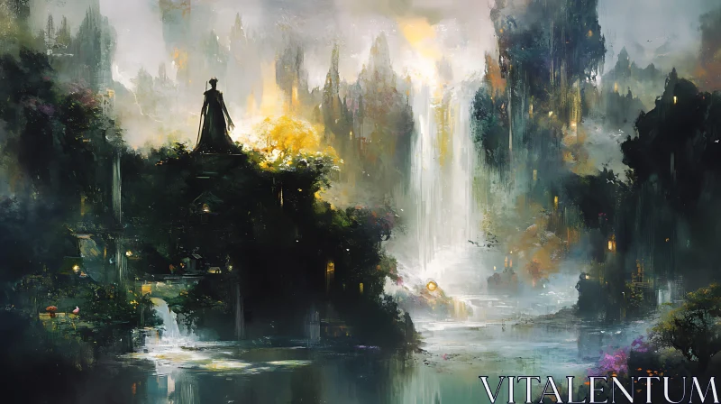 Misty City Overlook: A Tranquil Fantasy Scene