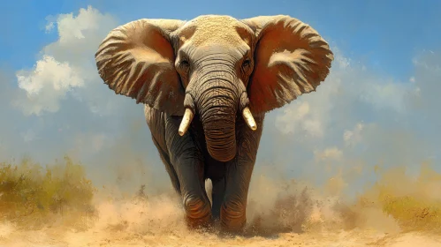 Charging Elephant on Dusty Plains