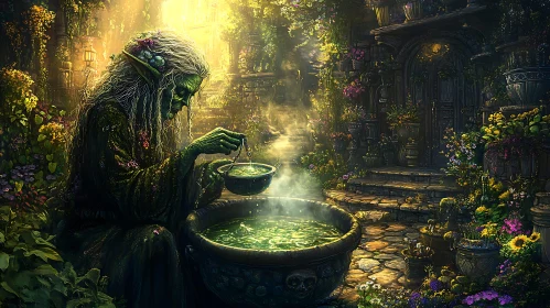 Mystical Witch in Forest Garden