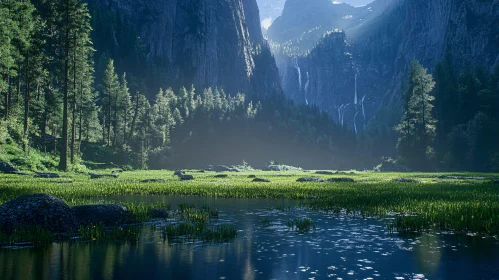 Peaceful Forest and Waterfall Landscape