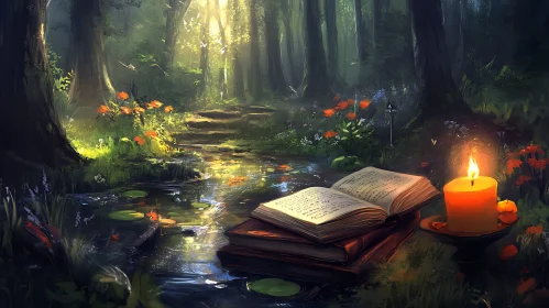 Forest Stream with Book and Candle