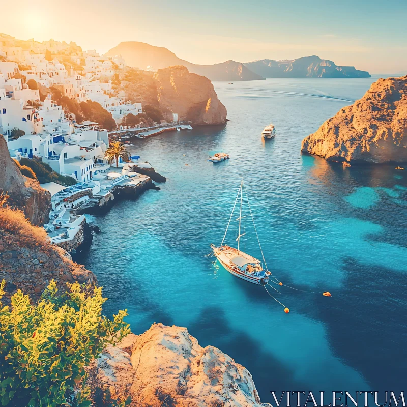 Seascape with Sailboat and White Buildings