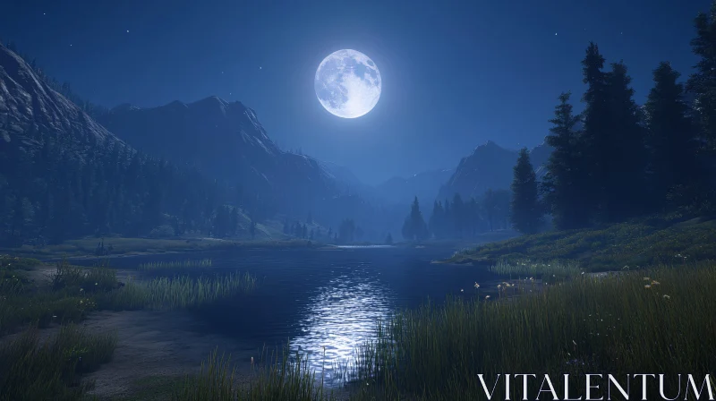 Moonlit Night with Lake, Forest, and Mountains