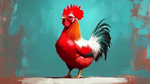 Colorful Rooster in Turquoise Background