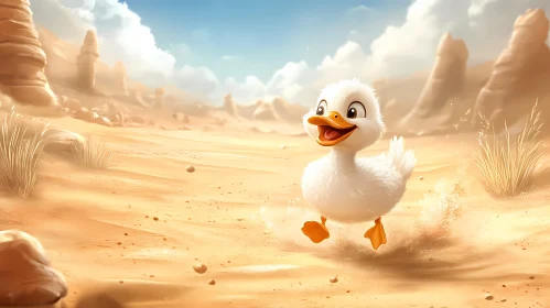 Cheerful Cartoon Duckling in Desert