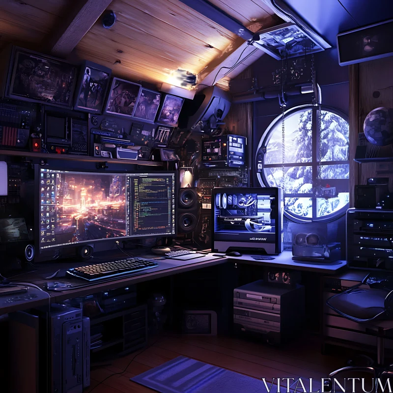 Tech-Filled Home Office Setup with Snowy Exterior Scene