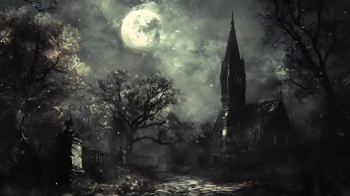 Moonlit Gothic Church in the Night