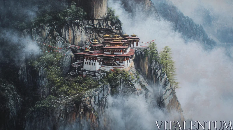 Mountain Temple Enshrouded in Fog