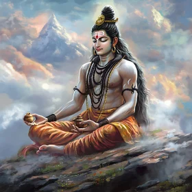 Meditative Deity Among Mountains: Spiritual Art