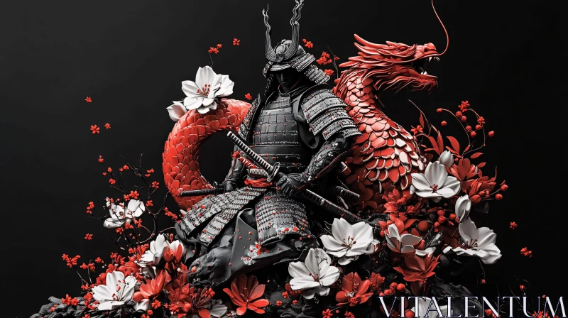 Warrior with Dragon and Floral Design