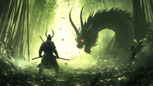 Warrior Confronts Dragon in Misty Woods