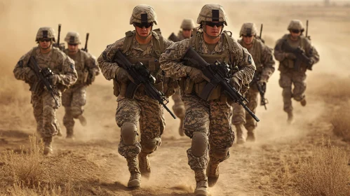 Army Unit Advancing in Arid Terrain