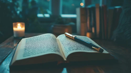 Antique Book with Pen and Candlelight