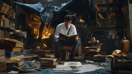 Man Reading with Dragon in Library