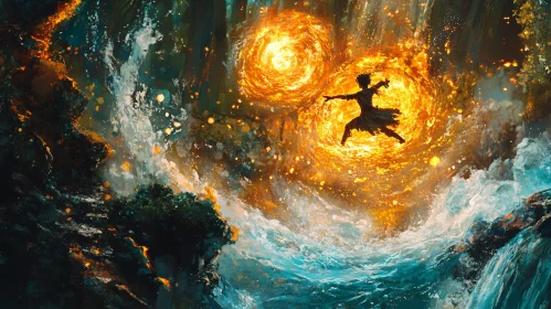 Levitating Silhouette in Fiery Waters