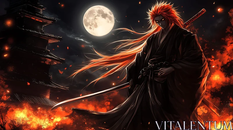 AI ART Moonlit Samurai with Fiery Hair