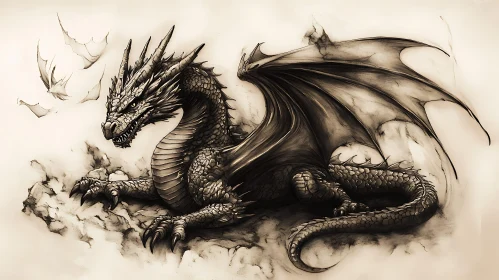 Sepia Dragon Illustration on Cloud Base