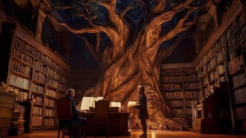 Enchanted Library With Ancient Tree Artwork