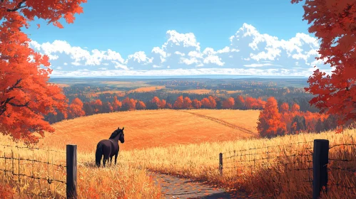 Scenic Autumn Fields with a Black Horse