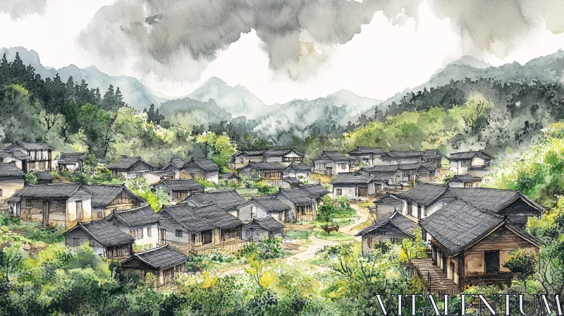 Peaceful Valley Village Watercolor Art