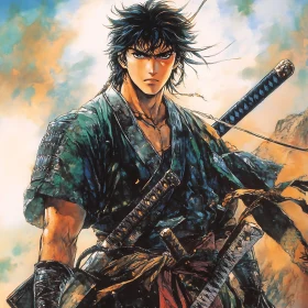 Katana-Wielding Warrior Anime Illustration