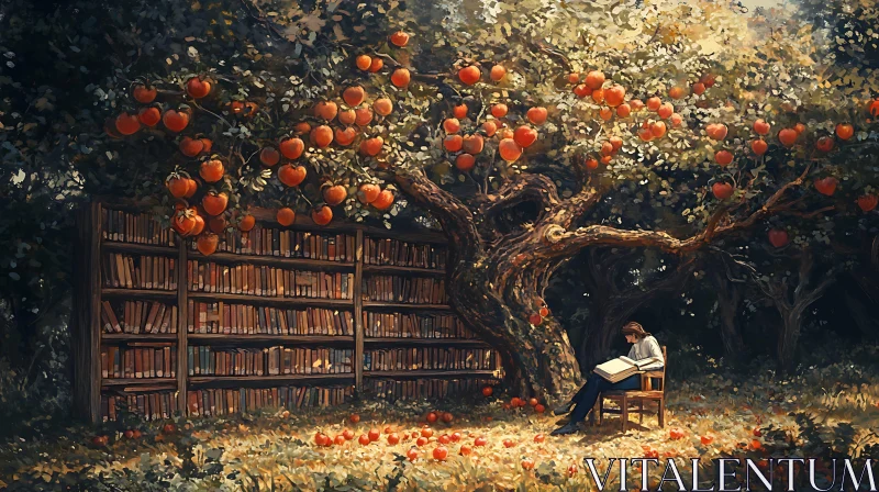 Woman Reading by Bookshelf Tree