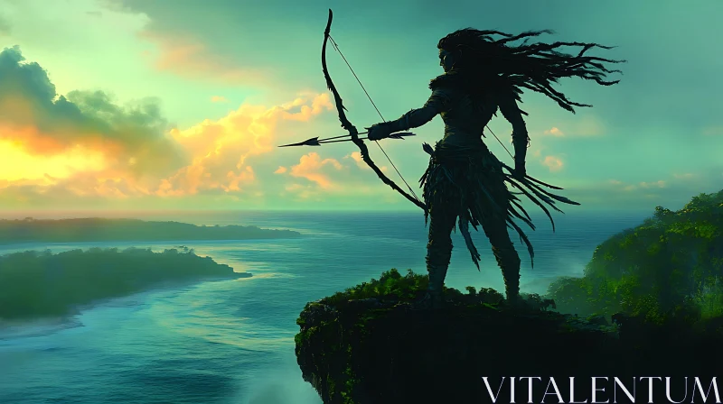 AI ART Silhouette Warrior Overlooking the Sea