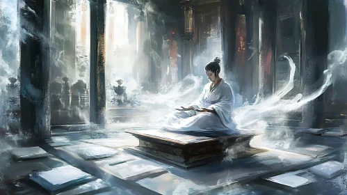 Peaceful Monk in Temple Artwork