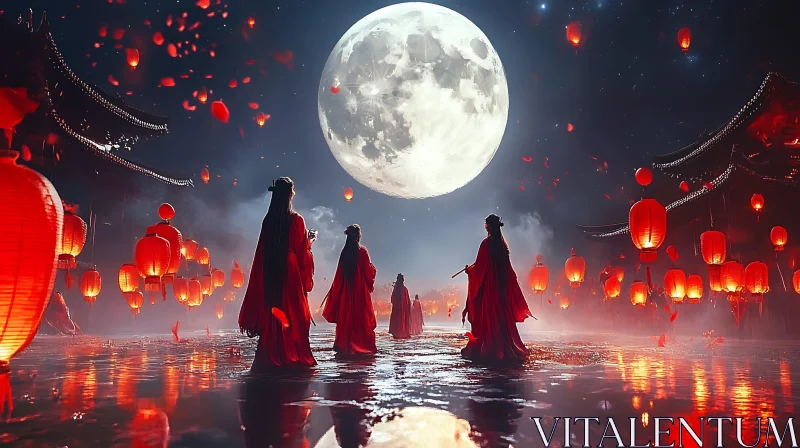 Crimson Figures Under Moonlight