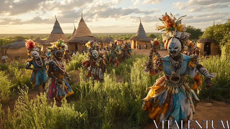 Masked Dancers in Traditional Village AI Image
