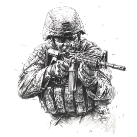 Monochrome Sketch of a Soldier Aiming