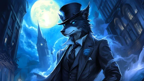Moonlit Wolf Gentleman in Urban Setting