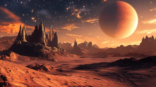Distant Planet and Mountainous Landscape
