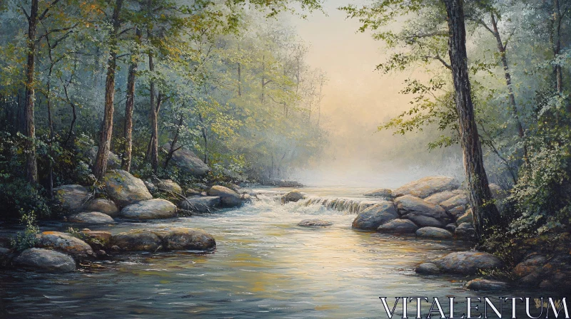 AI ART Tranquil Misty River in the Forest