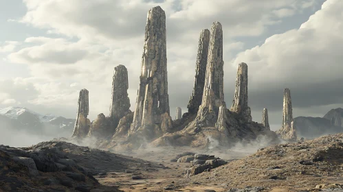 Misty Mountain Peaks and Rock Formations