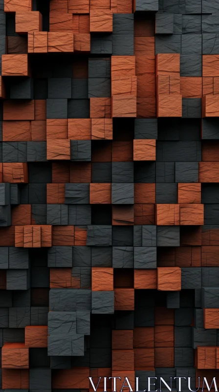 Abstract Wooden Wall with Grey and Orange Cubes AI Image