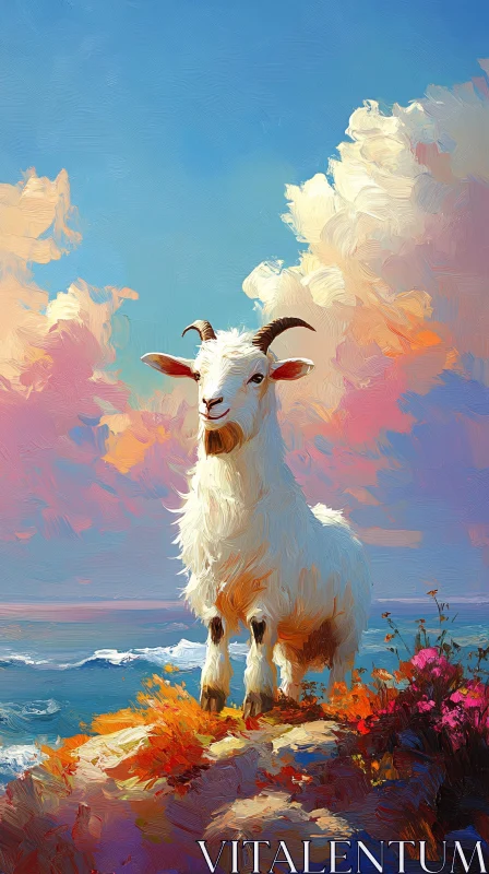 Pastel Goat on Rock with Clouds