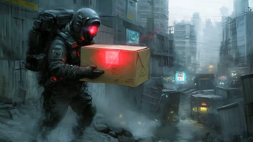 Futuristic Courier in Dystopian Urban Setting