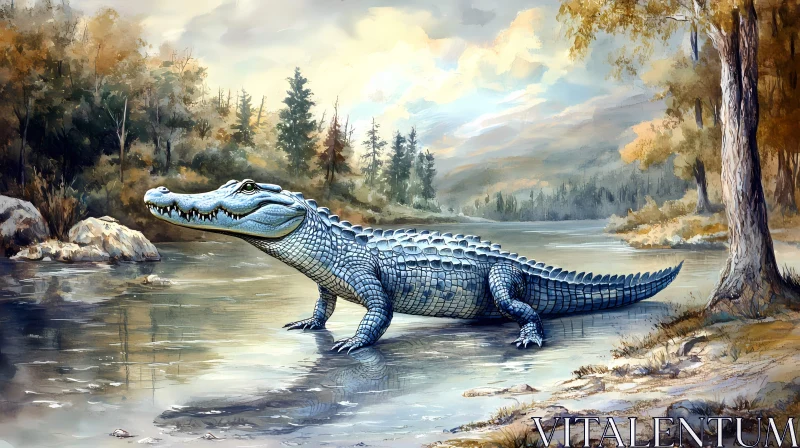 Crocodile in a Tranquil Autumn Landscape
