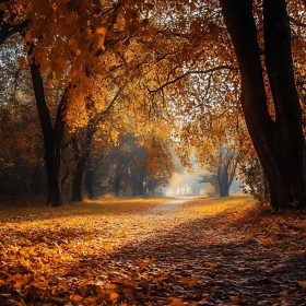 Autumnal Forest Pathway with Sunlight