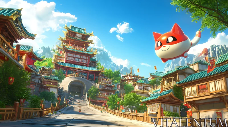 Cartoon Asian Town with Floating Balloon