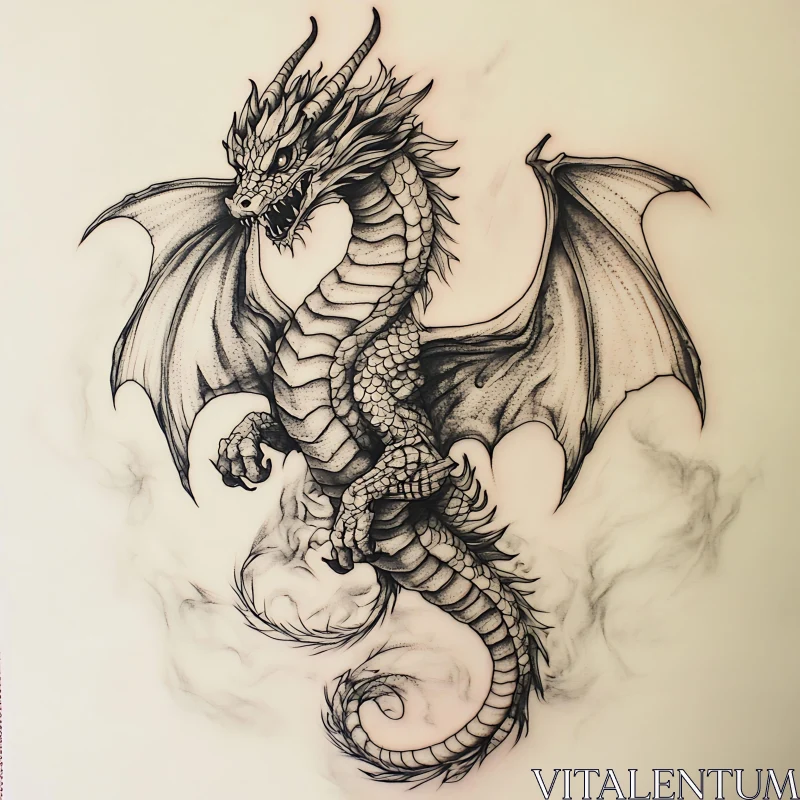 Detailed Monochrome Dragon Illustration AI Image