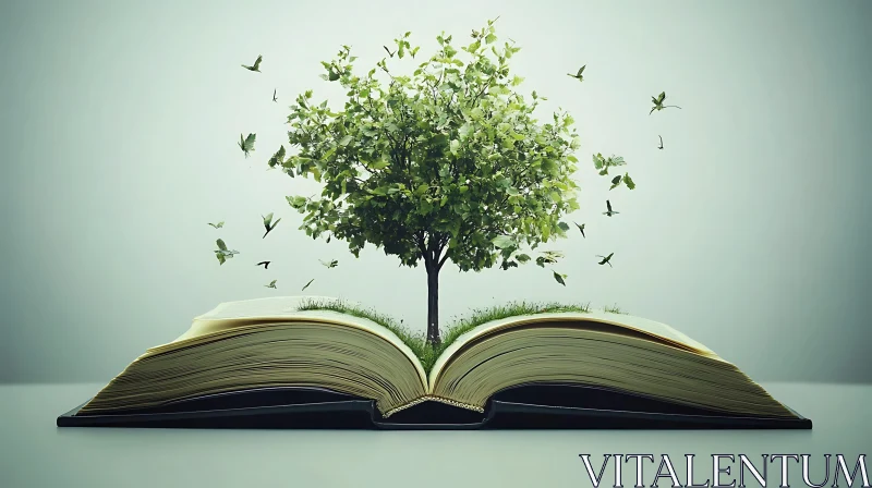 Life From a Book: Tree and Birds AI Image